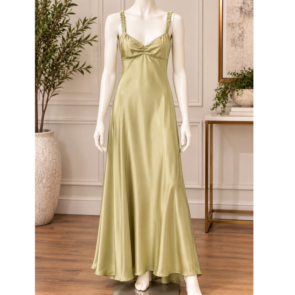 Zara Womens Maxi Dress Satin Open Back Ruched Bust Chartreuse Green Small